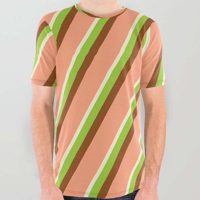 Light Yellow, Green, Brown & Light Salmon Colored Lined/Striped Pattern All Over Graphic Tee