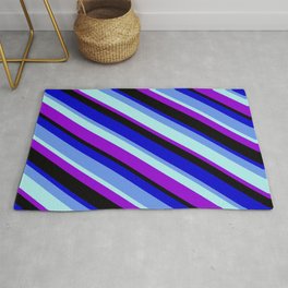 [ Thumbnail: Colorful Blue, Cornflower Blue, Turquoise, Dark Violet, and Black Colored Pattern of Stripes Rug ]