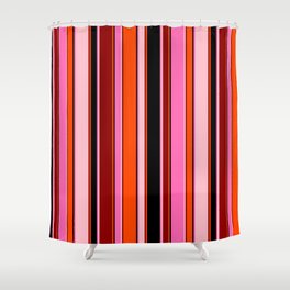 [ Thumbnail: Eye-catching Hot Pink, Black, Red, Dark Red, and Pink Colored Stripes/Lines Pattern Shower Curtain ]
