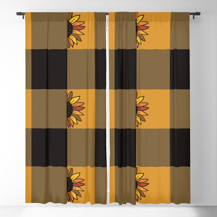 Orange Black Square Check Gingham Plaid Tartan Pattern with Sunflowers Blackout Curtain