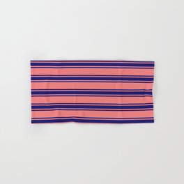 [ Thumbnail: Light Coral and Midnight Blue Colored Striped/Lined Pattern Hand & Bath Towel ]