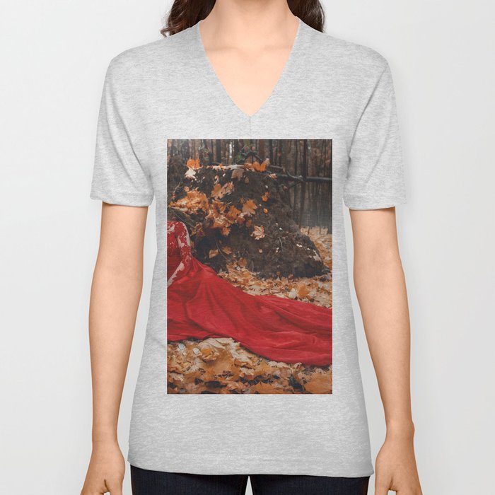 The May Queen; the goddess of flowers in red roses forest female in red gown magical realism fantasy portrait color photograph / photography V Neck T Shirt