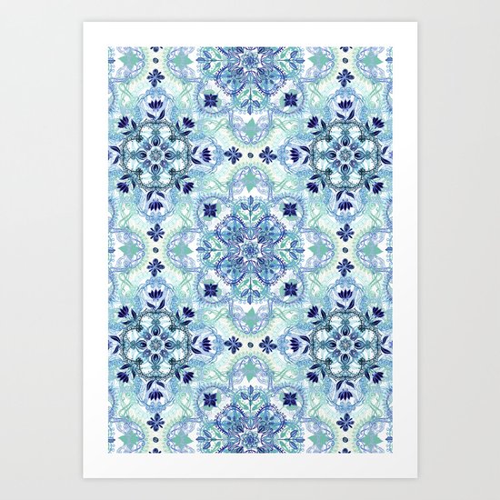 Navy Blue, Green & Cream Detailed Lace Doodle Pattern Art Print