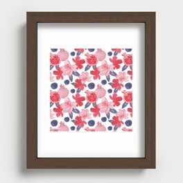Pomegranate watercolor retro pink and blue pattern Recessed Framed Print