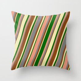 [ Thumbnail: Colorful Grey, Brown, Pale Goldenrod, Dark Green & Dark Salmon Colored Lined/Striped Pattern Throw Pillow ]
