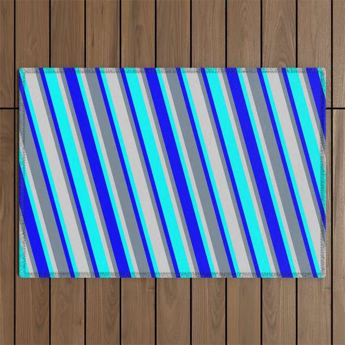 Light Slate Gray, Light Grey, Aqua, and Blue Colored Stripes Pattern Outdoor Rug