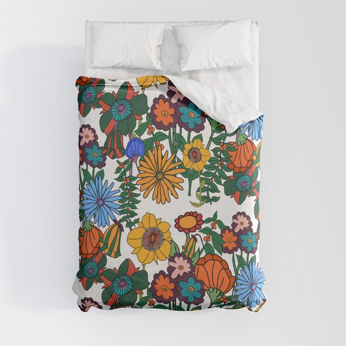 In the Weeds - Retro Floral White Duvet Cover