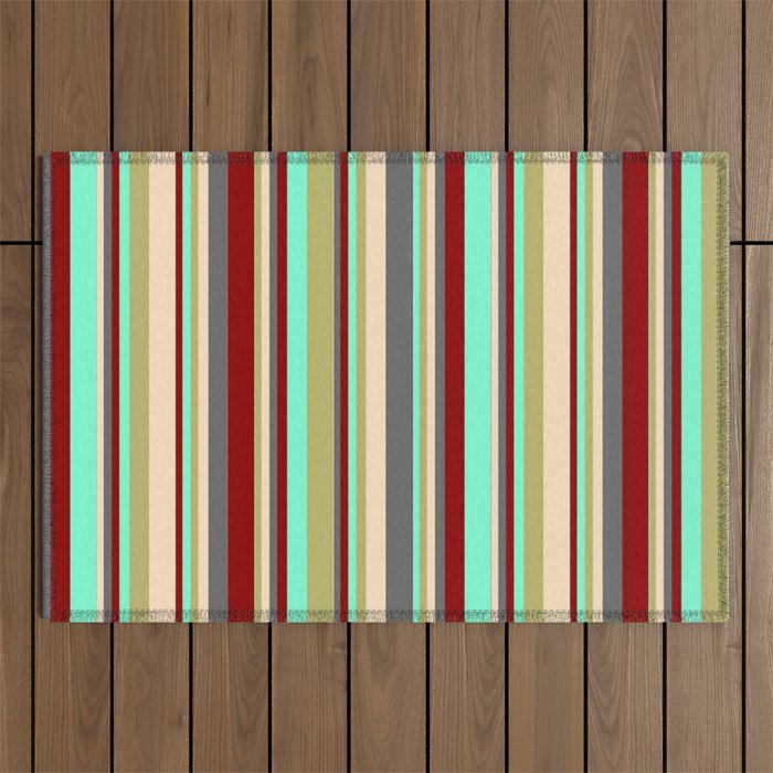 Aquamarine, Dark Khaki, Bisque, Dim Gray & Dark Red Colored Striped/Lined Pattern Outdoor Rug