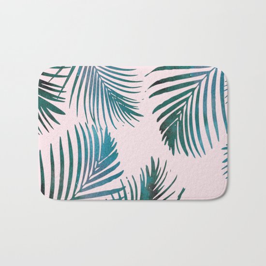 Green Palm Leaves on Light Pink Bath Mat