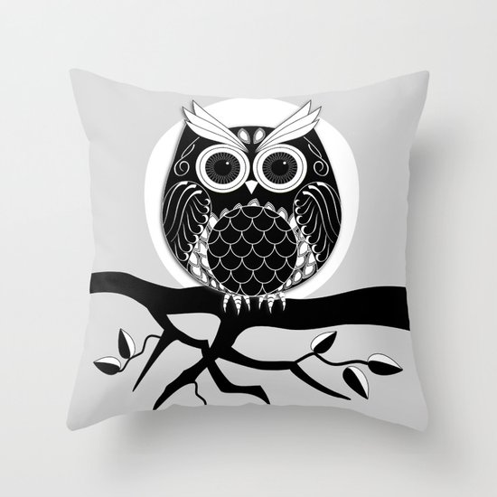 Graphic vector owl on branch in B&W Throw Pillow by Thea Walstra Society6