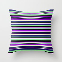 [ Thumbnail: Dark Violet, Light Yellow, Midnight Blue, Light Green, and Black Colored Lined/Striped Pattern Throw Pillow ]