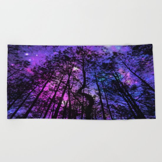 Black Trees Purple Fuchsia Blue space Beach Towel