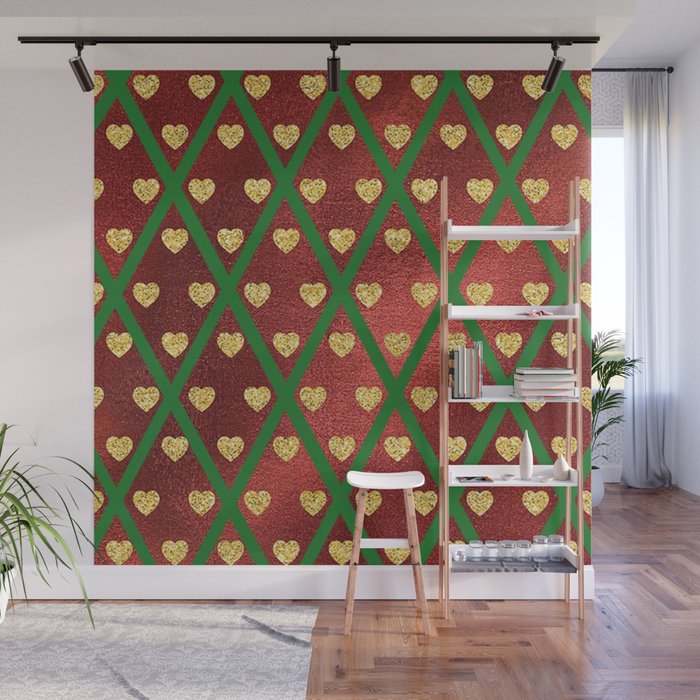 Gold Hearts on a Red Shiny Background with Green Crisscross Lines  Wall Mural
