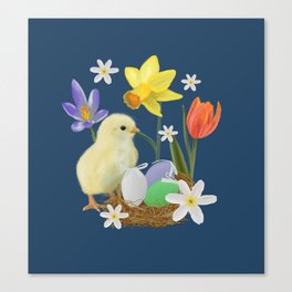 Colorful pattern with easter chicks, easter nests, tulips, daffodils, crocuses, wood anemones Canvas Print