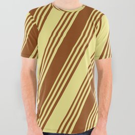 [ Thumbnail: Brown and Tan Colored Striped/Lined Pattern All Over Graphic Tee ]