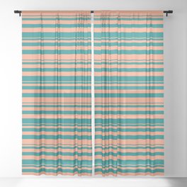 [ Thumbnail: Light Salmon & Teal Colored Stripes/Lines Pattern Sheer Curtain ]