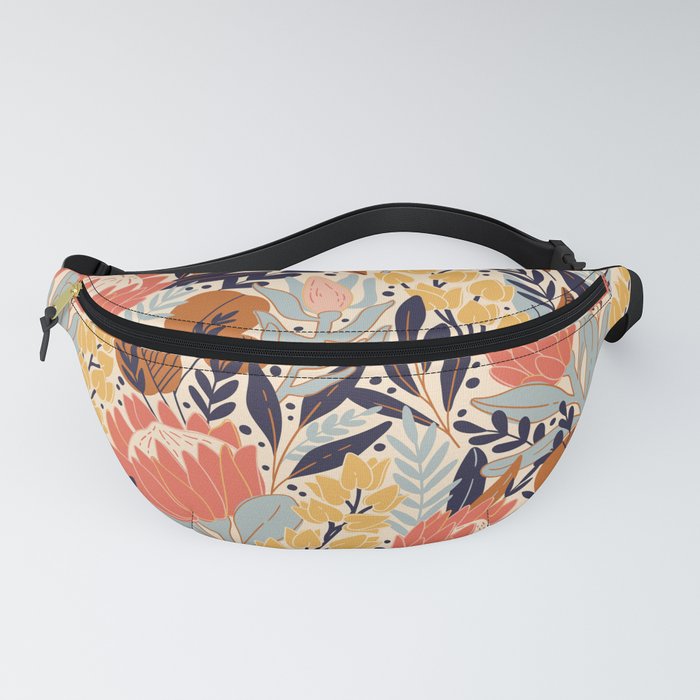Protea and eucalyptus leaves pattern. Seamless motif. Vintage illustration Fanny Pack