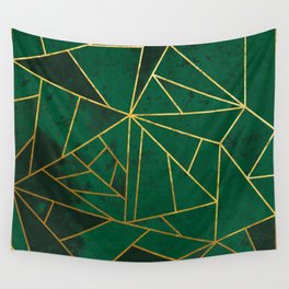 Emerald Green Modern Geometric Gold Lines Wall Tapestry