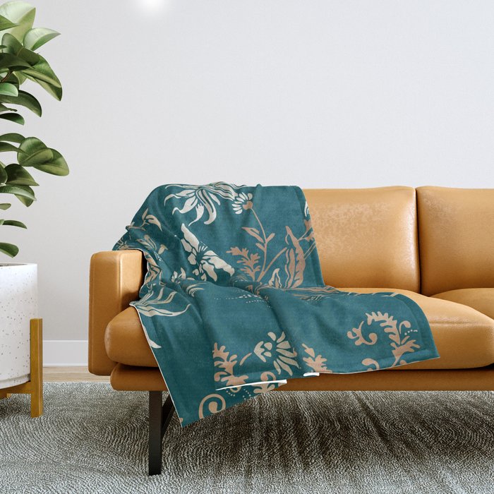 Vintage Ornamental Floral in Teal and Copper Throw Blanket