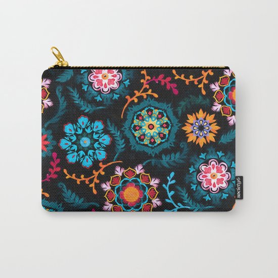 Suzani Inspired Pattern on Black Carry-All Pouch