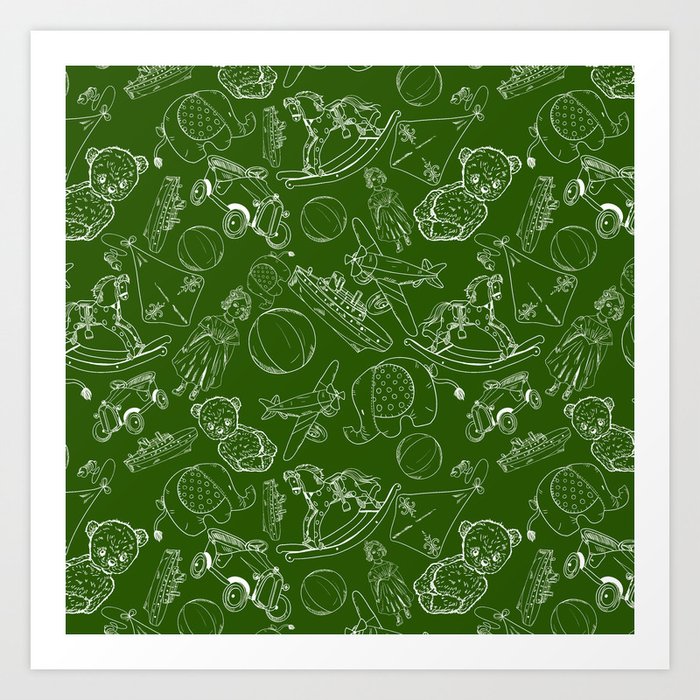 Green and White Toys Outline Pattern Art Print