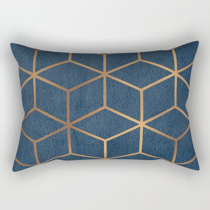 Dark Blue and Gold - Geometric Textured Cube Design Rectangular Pillow