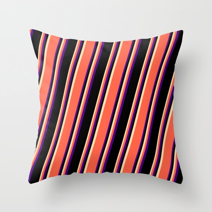 Tan, Red, Indigo, and Black Colored Striped/Lined Pattern Throw Pillow