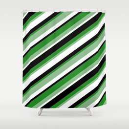 [ Thumbnail: Forest Green, Dark Sea Green, White & Black Colored Striped Pattern Shower Curtain ]