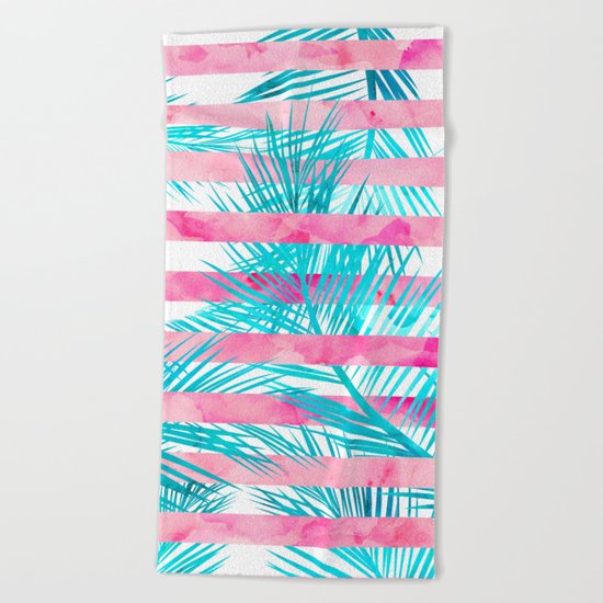 Modern pink turquoise tropical palm tree watercolor stripes pattern Beach Towel