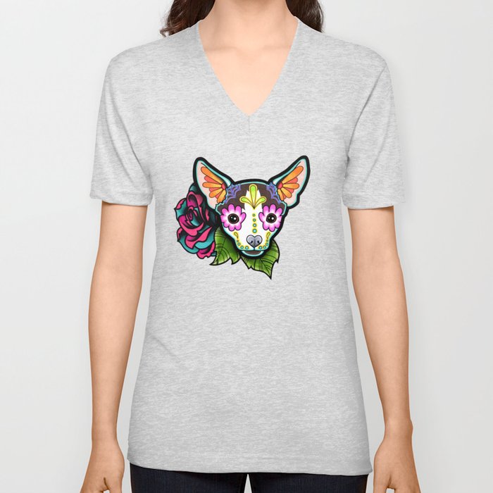 Chihuahua in Moo - Day of the Dead Sugar Skull Dog V Neck T Shirt