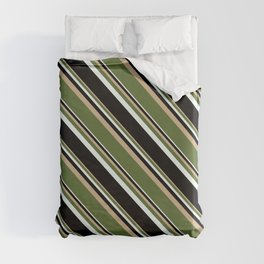 [ Thumbnail: Tan, Dark Olive Green, Mint Cream & Black Colored Stripes Pattern Duvet Cover ]