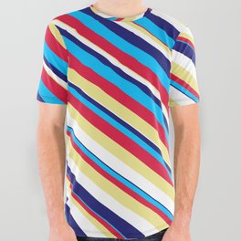 [ Thumbnail: Eyecatching Midnight Blue, Deep Sky Blue, Crimson, Tan, and White Colored Lined Pattern All Over Graphic Tee ]