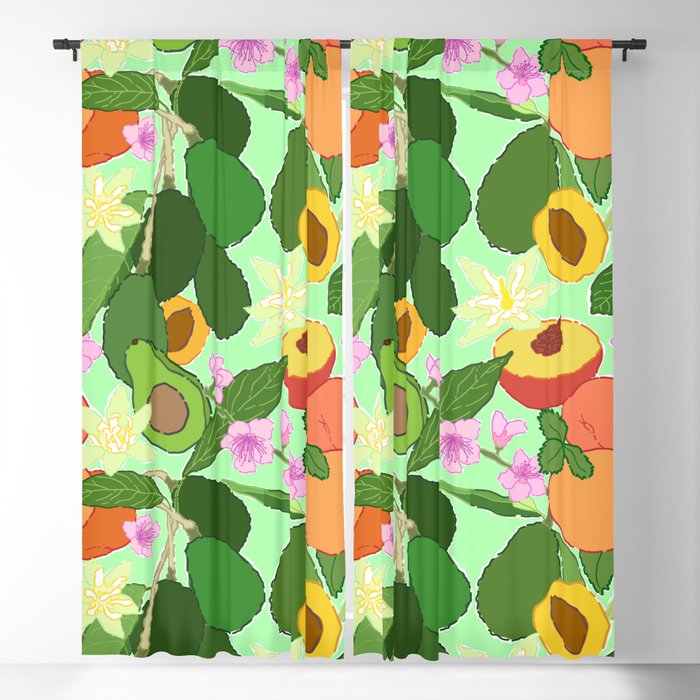 Avocado Peach Stone Fruit Floral In Mint Green Blackout Curtain