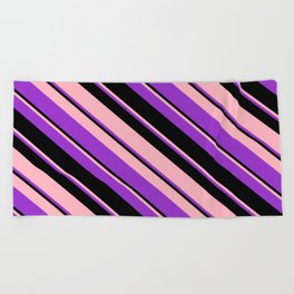 [ Thumbnail: Light Pink, Dark Orchid, and Black Colored Lines/Stripes Pattern Beach Towel ]