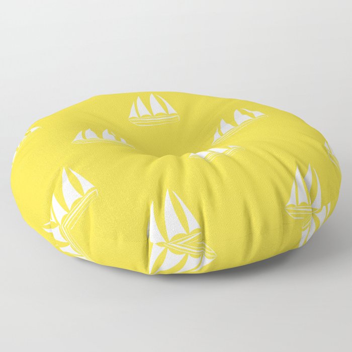 White Sailboat Pattern on yellow background Floor Pillow
