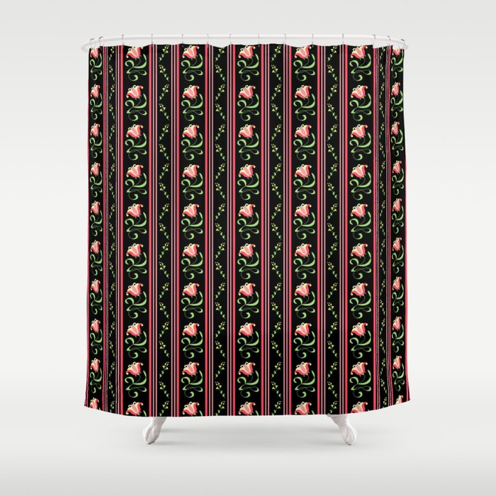 Folk Art Red Floral Stripe - Black Shower Curtain