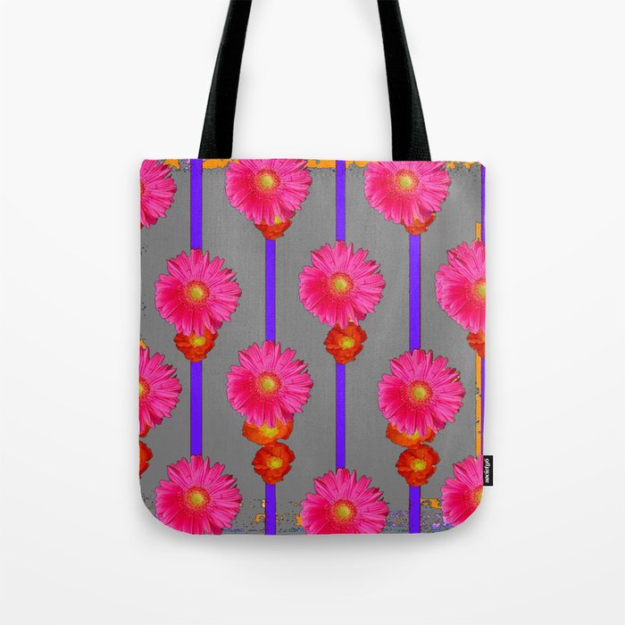 Grey Color & Pink Gerber Flowers Pattern Tote Bag