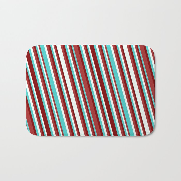 Turquoise, Maroon, Brown & Mint Cream Colored Pattern of Stripes Bath Mat
