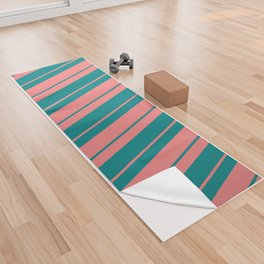 [ Thumbnail: Light Coral & Teal Colored Striped/Lined Pattern Yoga Towel ]