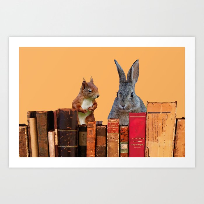 Rabbit with squirrel behind old Books #society6 Art Print