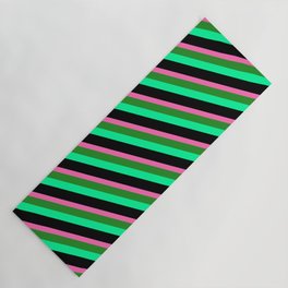 [ Thumbnail: Hot Pink, Forest Green, Green & Black Colored Striped Pattern Yoga Mat ]
