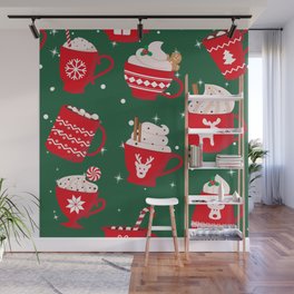 Seamless Pattern. Red Cup with a Hot Drink. Christmas Cute Card 01 Wall Mural
