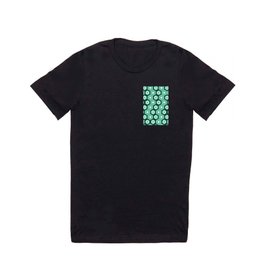 Seamless Honeycombs Geometrical Patterns in Crocodile Green Shades T Shirt | Refreshing, Biophilia, Crocodilegreen, Symmetric, Blackcolors, Artful, Orientalart, Repeatingpatterns, Repetitive, Hexagons 