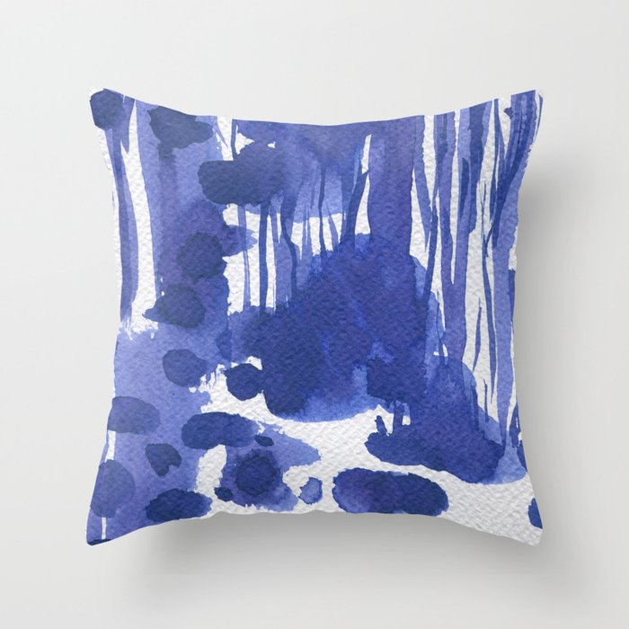 Blue abstract forest ink painting Throw Pillow