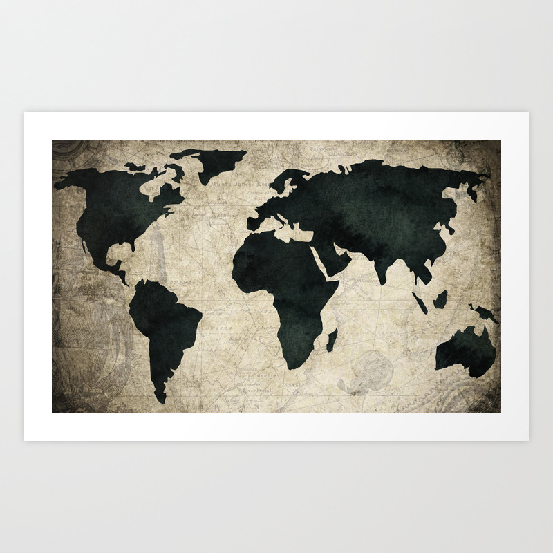 antique world map black on vintage nautical art print by mapmaker society6