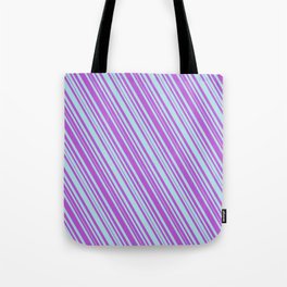 [ Thumbnail: Powder Blue & Orchid Colored Lined Pattern Tote Bag ]