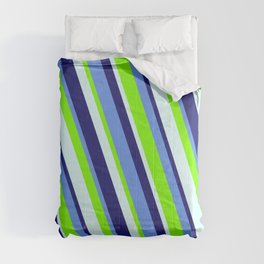 [ Thumbnail: Cornflower Blue, Chartreuse, Light Cyan, and Midnight Blue Colored Lined Pattern Comforter ]