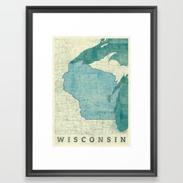 Wisconsin State Map Blue Vintage Framed Art Print