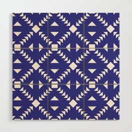 Navy Blue Tiles Retro Pattern Abstract Tiled Moroccan Art Wood Wall Art