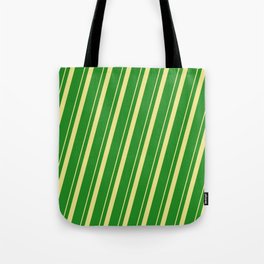 [ Thumbnail: Tan & Forest Green Colored Pattern of Stripes Tote Bag ]